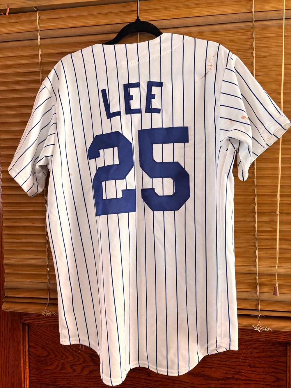 Majestic White Pinstripe Baseball Jersey with Blue and Red Logo - Picture 5 of 8